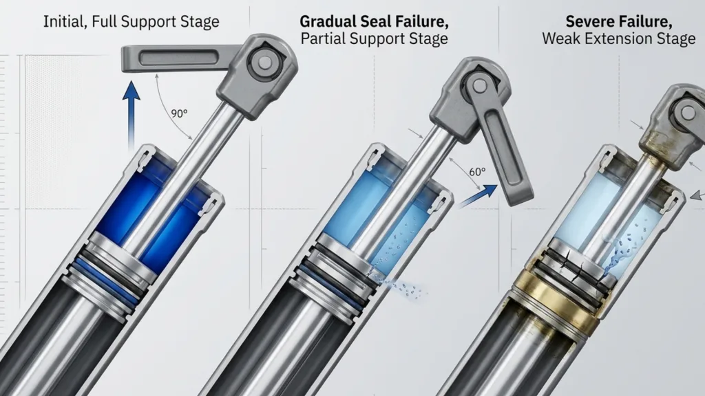 A technical diagram explaining why a gas spring not working occurs, illustrating the stages of seal failure from full internal pressure to a severe leak and weak extension.