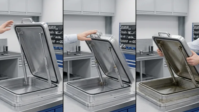 A three-panel sequence showing a gas spring not working properly on a metal lid, progressing from full support to a partial drop, and finally failing to hold the lid open.