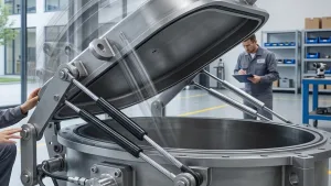 Two workers in an industrial facility preparing to install gas spring supports on a large, heavy-duty circular pressure vessel lid.
