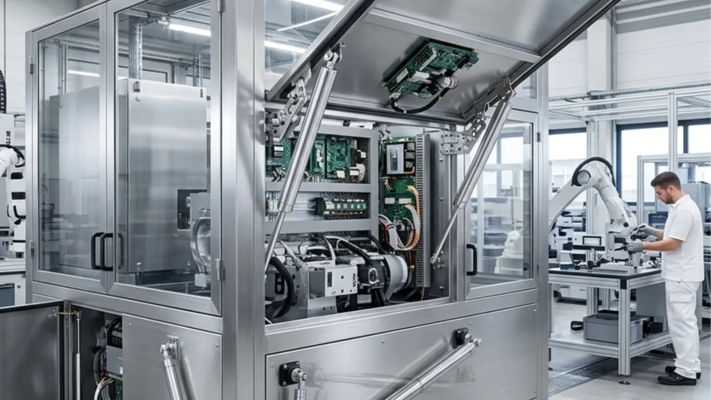 A large stainless steel industrial machinery enclosure with an open access panel held up by two silver gas struts, showing internal circuit boards and a technician working in the background.