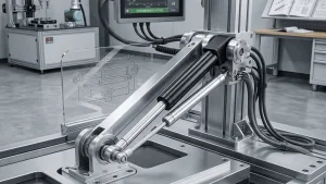 A close-up of a high-precision mechanical arm on a piece of industrial machinery, featuring silver hydraulic cylinders and an adjacent glass schematic display.