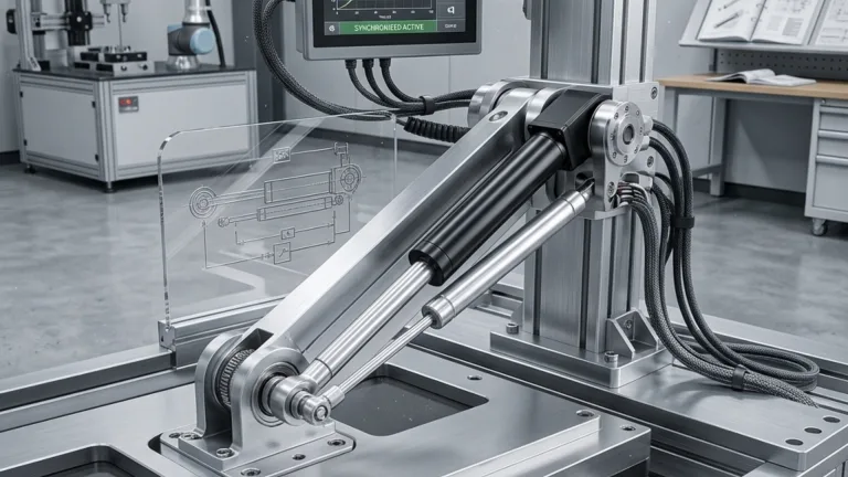 A close-up of a high-precision mechanical arm on a piece of industrial machinery, featuring silver hydraulic cylinders and an adjacent glass schematic display.