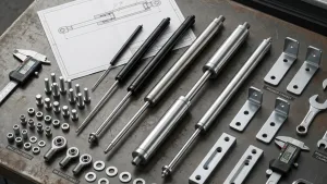 collection of hydraulic gas spring components, mounting brackets, and hardware laid out on a metal surface next to a technical engineering diagram.
