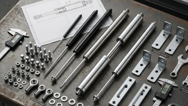 collection of hydraulic gas spring components, mounting brackets, and hardware laid out on a metal surface next to a technical engineering diagram.