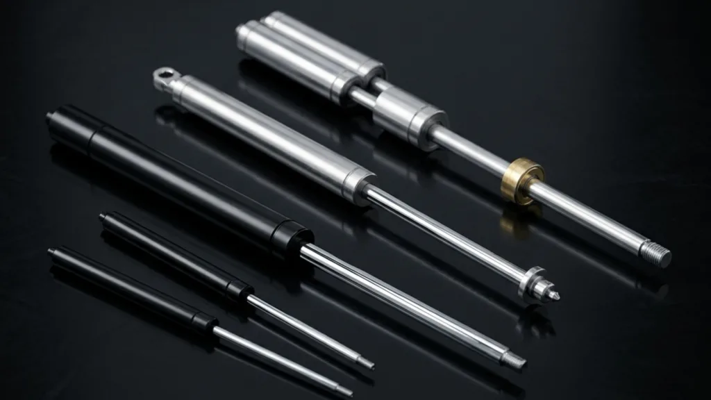A collection of black and stainless steel actuators and pistons for a motion control system displayed on a dark surface.