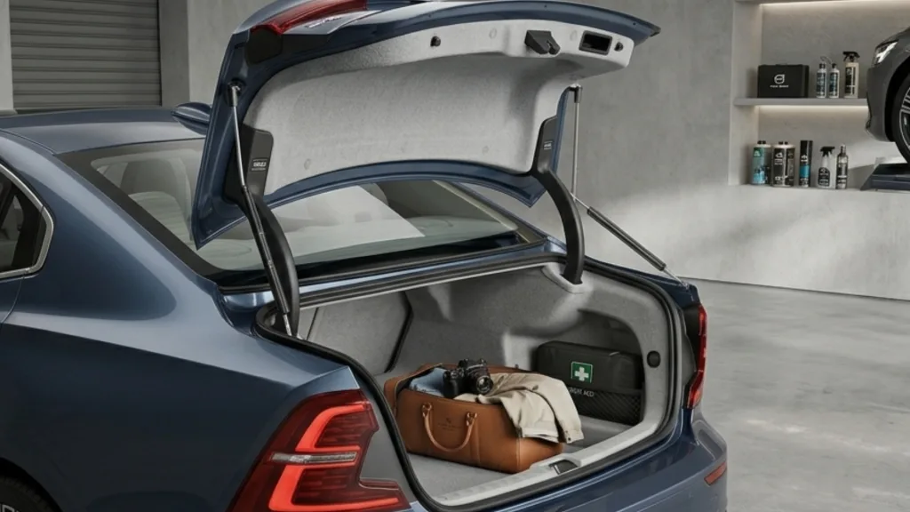The open trunk of a blue sedan showing a hydraulic gas spring on each side providing support and smooth lifting for the trunk lid.