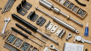 A wooden workbench covered in motion control system components, including various gas springs, metal brackets, tools, and organized hardware.
