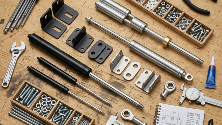 A wooden workbench covered in motion control system components, including various gas springs, metal brackets, tools, and organized hardware.
