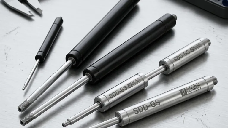 A close-up view of several gas spring cylinder units, including stainless steel models labeled "SDD-GS," resting on a brushed metal surface next to a caliper tool.