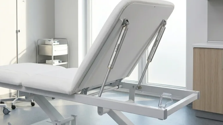 A medical examination table with a raised backrest supported by two stainless steel gas lift supports in a clinical setting.