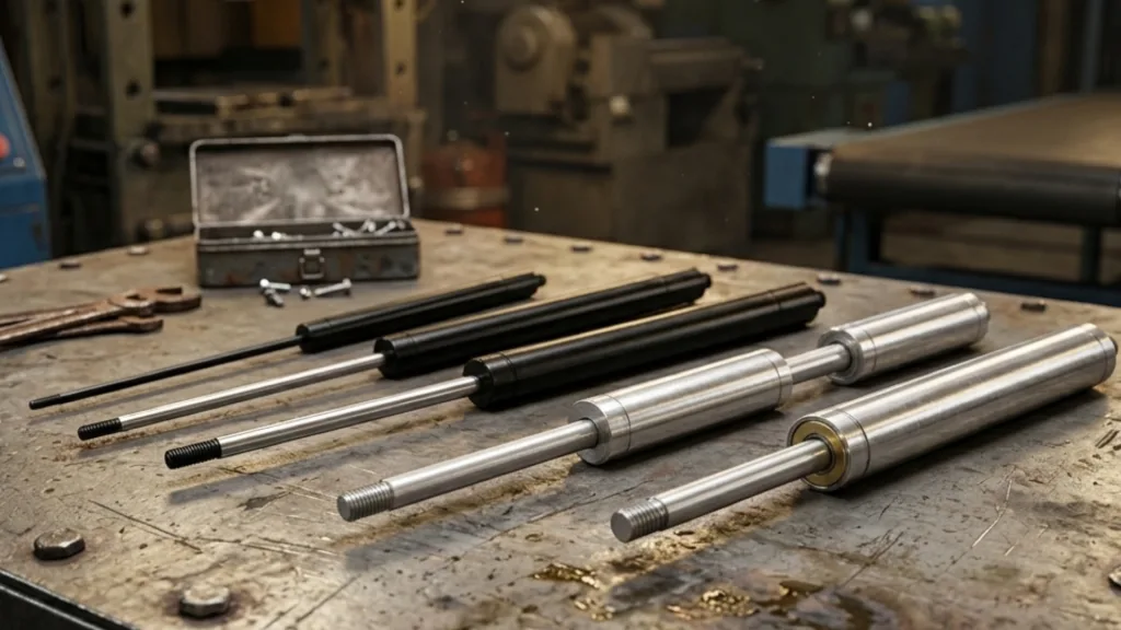 A row of black and silver gas spring cylinder components laid out on a weathered metal industrial workbench in a factory setting.
