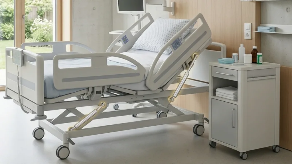 An adjustable hospital bed utilizing multiple gas lift supports to control the elevation of the headrest and overall bed height.