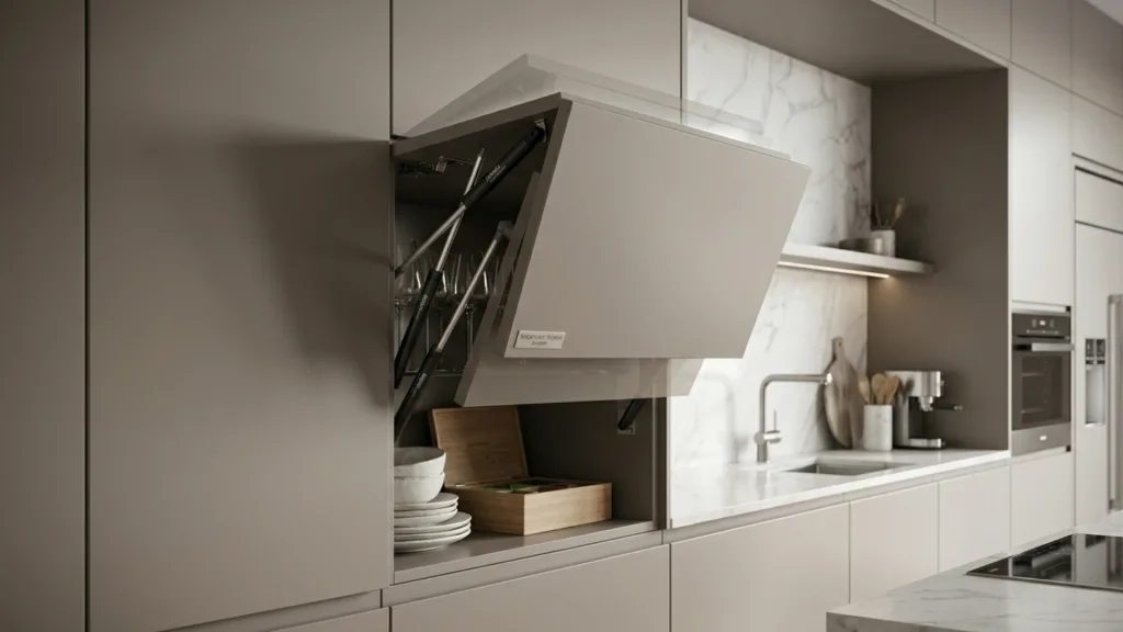 A sleek kitchen cabinet featuring a lift-up door powered by a furniture gas spring for smooth, hands-free access.