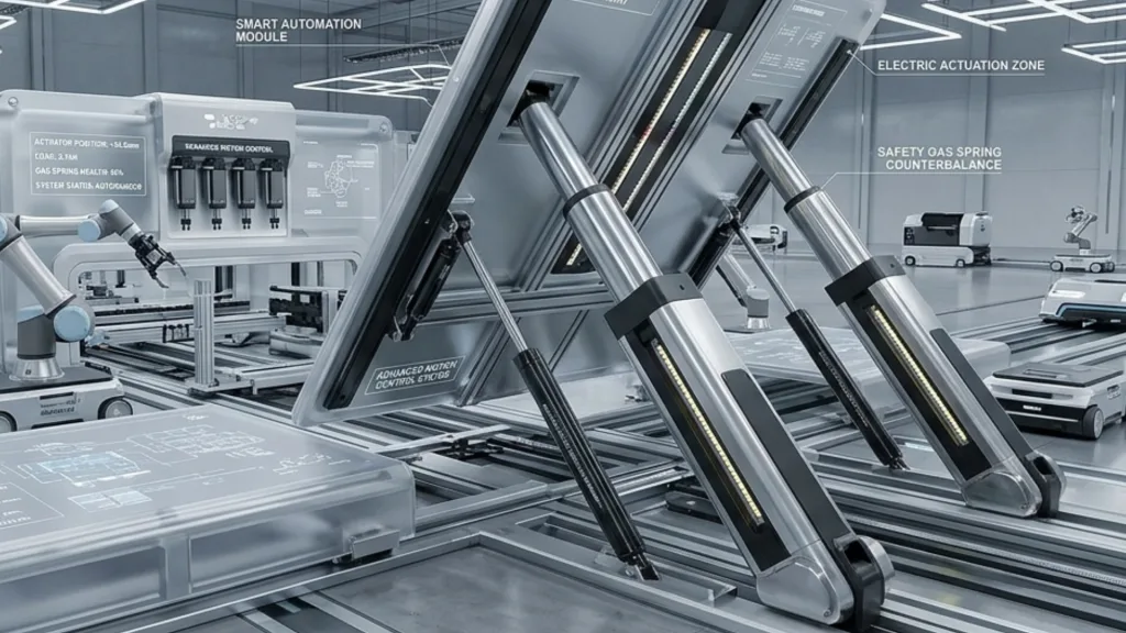 Industrial machinery in an automated factory featuring a powerful electric actuator and a safety counterbalance system for heavy lifting.