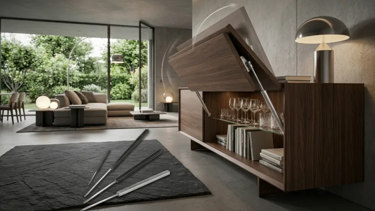 A wooden sideboard in a modern living room with a top-opening door supported by a furniture gas spring mechanism.