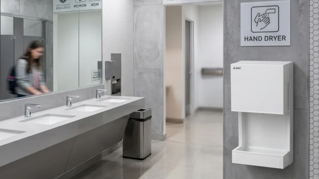 A white powerful hand dryer with a built-in drip tray mounted on a grey wall in a modern public restroom featuring long stone vanities and large mirrors.