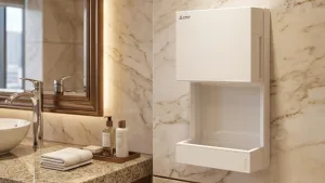 A compact, white powerful hand dryer installed on a luxurious marble wall next to a granite countertop with a sink and vanity accessories.