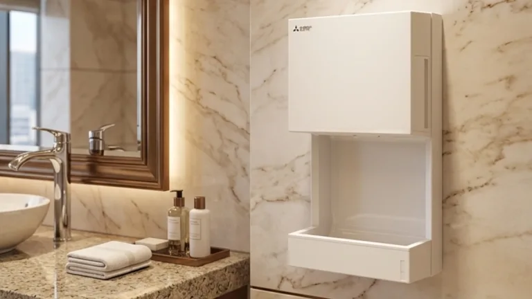 A compact, white powerful hand dryer installed on a luxurious marble wall next to a granite countertop with a sink and vanity accessories.