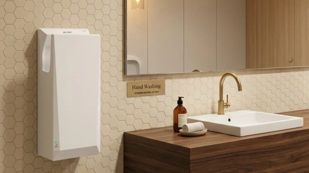 A sleek, white high speed hand dryer with a modern angular design mounted on a beige hexagonal tiled wall in a contemporary bathroom.