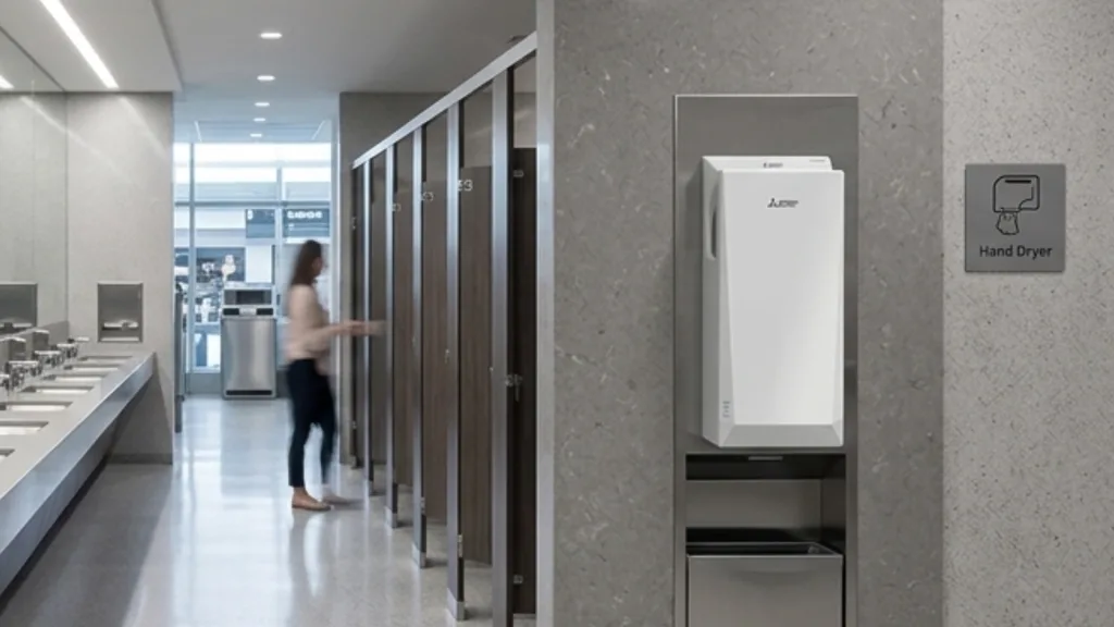 A modern, white energy saving hand dryer recessed into a gray stone wall in a large public restroom with several wooden stalls in the background.