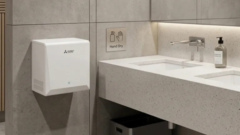 A compact, wall-mounted energy saving hand dryer located next to a minimalist stone vanity and sink in a high-end commercial bathroom.