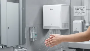 A person using a compact, touch-free hygienic hand dryer in a clean, professional restroom setting equipped with soap dispensers and mirrors.