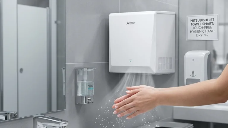 A person using a compact, touch-free hygienic hand dryer in a clean, professional restroom setting equipped with soap dispensers and mirrors.