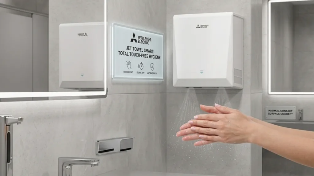 A hands-free electric hand dryer being used in a modern restroom, highlighting a "total touch-free hygiene" concept to replace the use of paper towels.