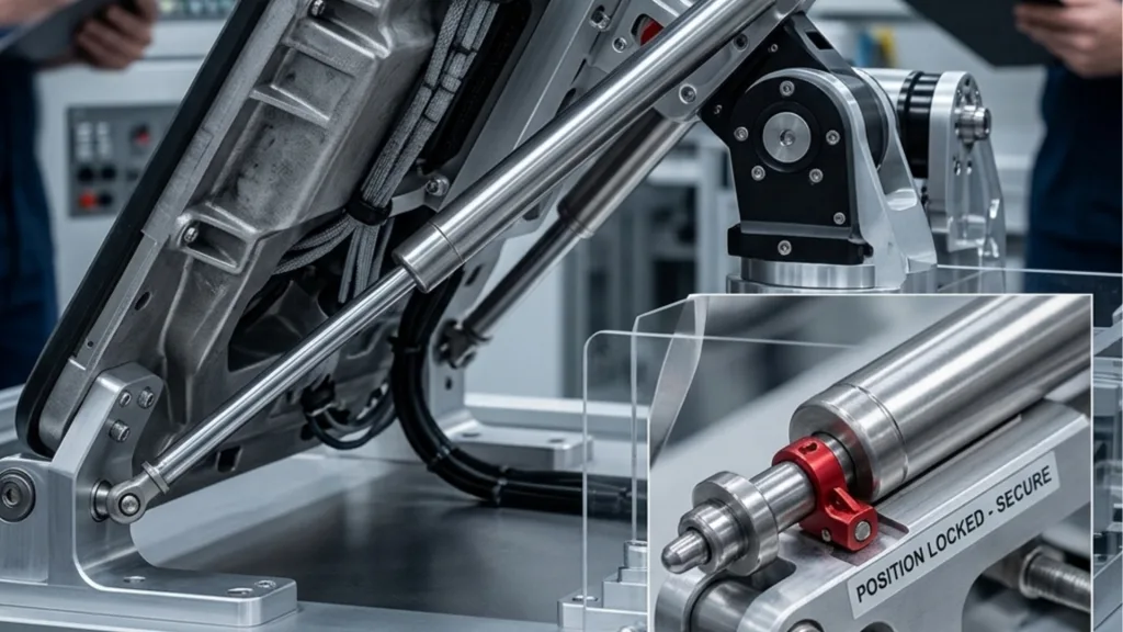 A close-up of a complex industrial robotic assembly featuring heavy-duty stainless steel gas struts and a detailed inset showing a "position locked" safety mechanism.