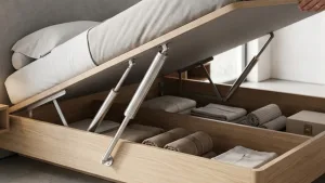 A wooden storage bed frame held open by two powerful silver gas struts, revealing organized linens and towels stored in the compartments underneath.