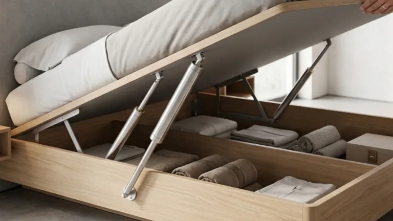 A wooden storage bed frame held open by two powerful silver gas struts, revealing organized linens and towels stored in the compartments underneath.