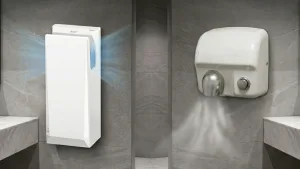 A side-by-side comparison showing a modern, vertical high speed hand dryer with blue airflow indicators versus a bulky, conventional push-button hand dryer.