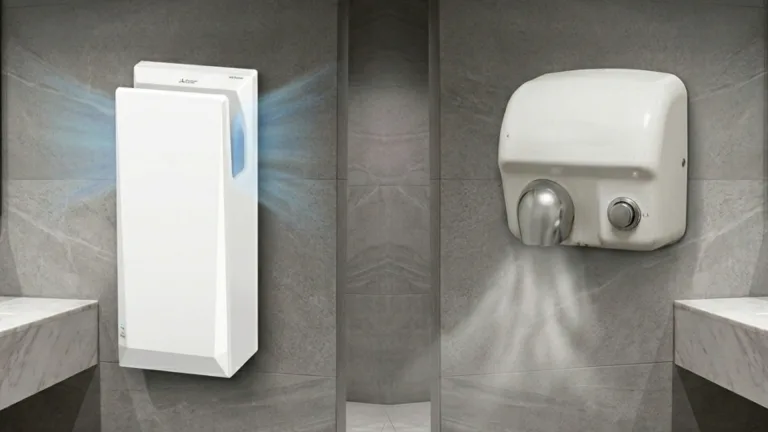 A side-by-side comparison showing a modern, vertical high speed hand dryer with blue airflow indicators versus a bulky, conventional push-button hand dryer.